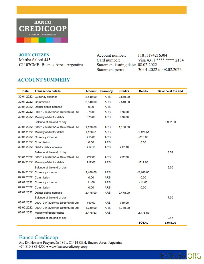 Relevé bancaire Argentine Banco Credicoop xls
